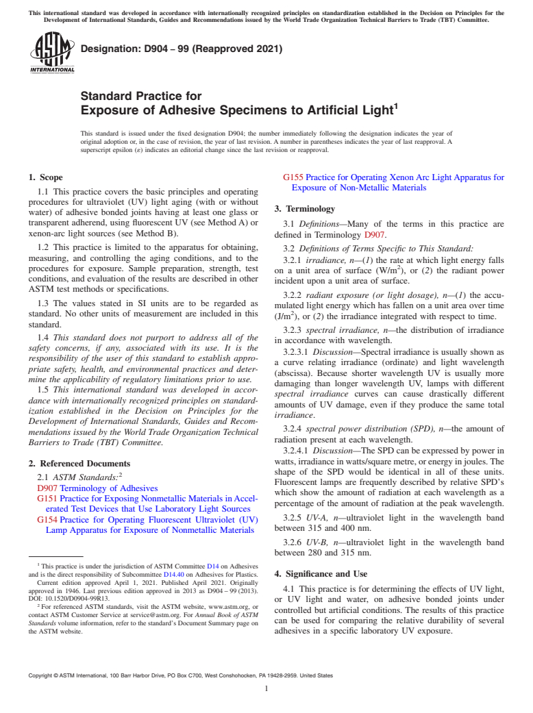 ASTM D904-99(2021) - Standard Practice for Exposure of Adhesive Specimens to Artificial Light