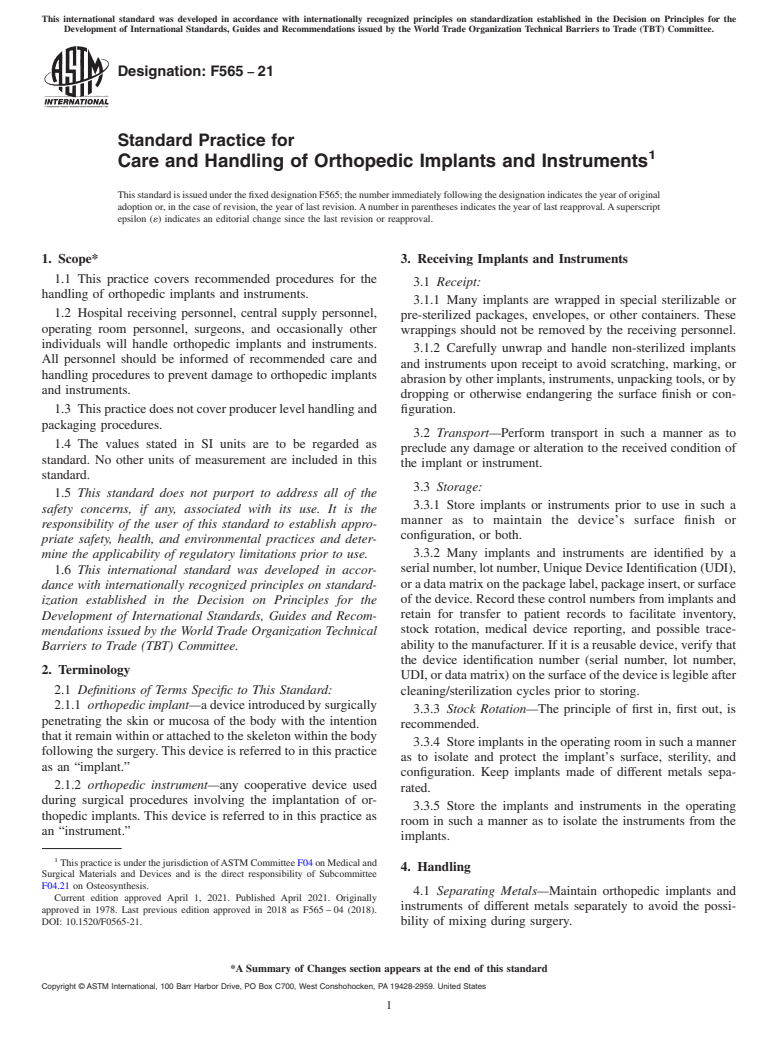 ASTM F565-21 - Standard Practice for Care and Handling of Orthopedic Implants and Instruments