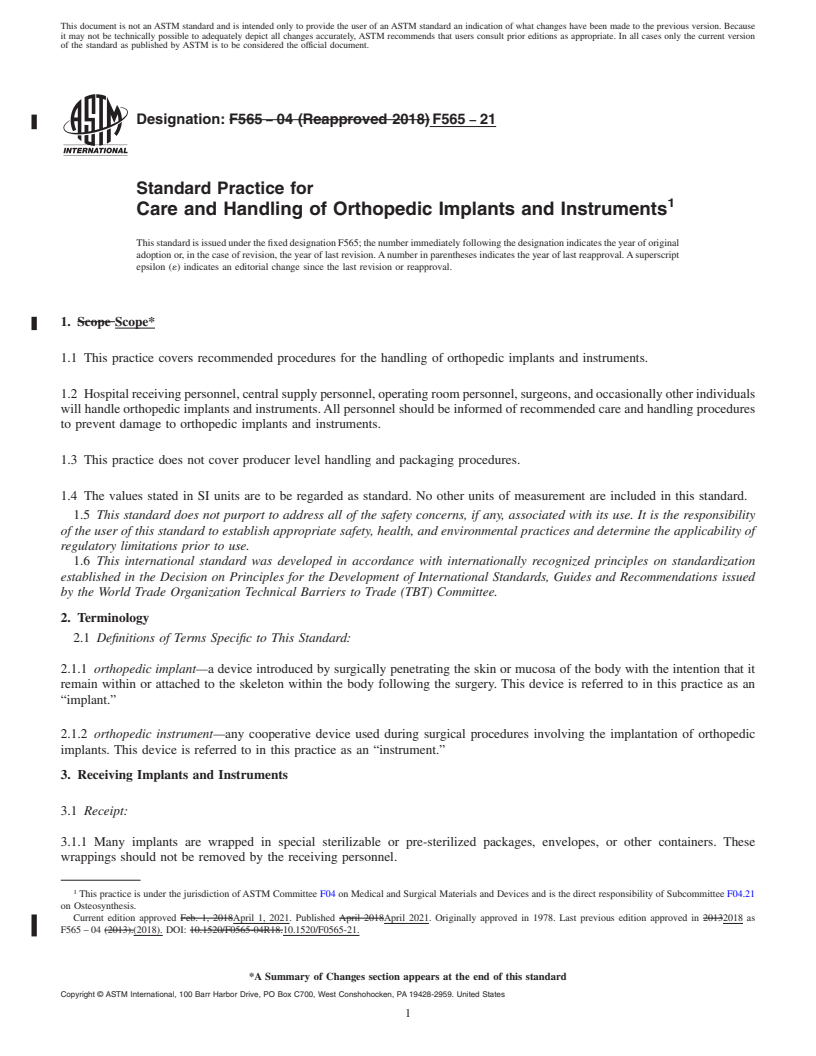 REDLINE ASTM F565-21 - Standard Practice for Care and Handling of Orthopedic Implants and Instruments