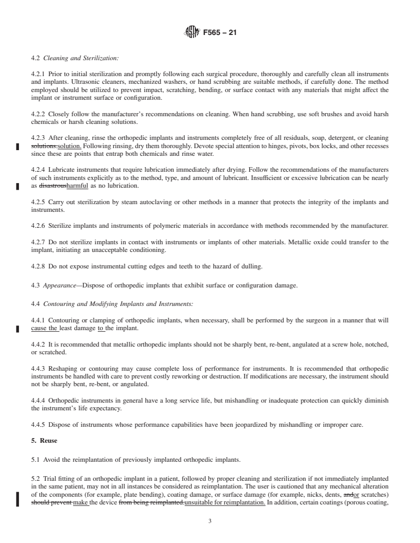 REDLINE ASTM F565-21 - Standard Practice for Care and Handling of Orthopedic Implants and Instruments