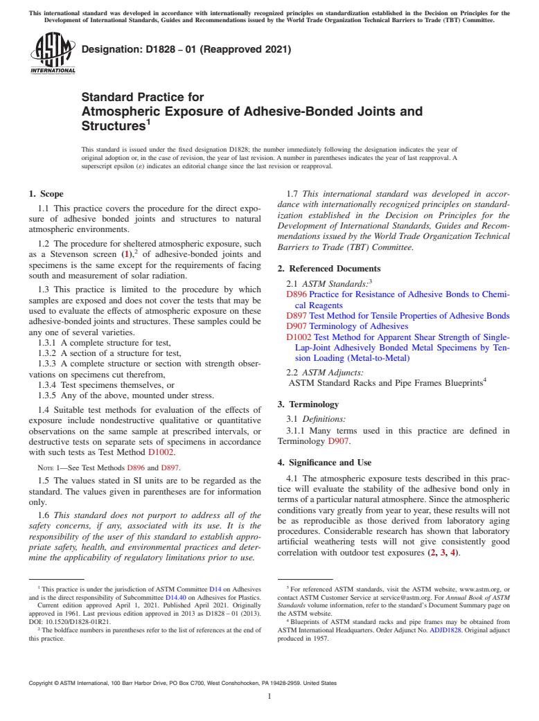 ASTM D1828-01(2021) - Standard Practice for Atmospheric Exposure of Adhesive-Bonded Joints and Structures