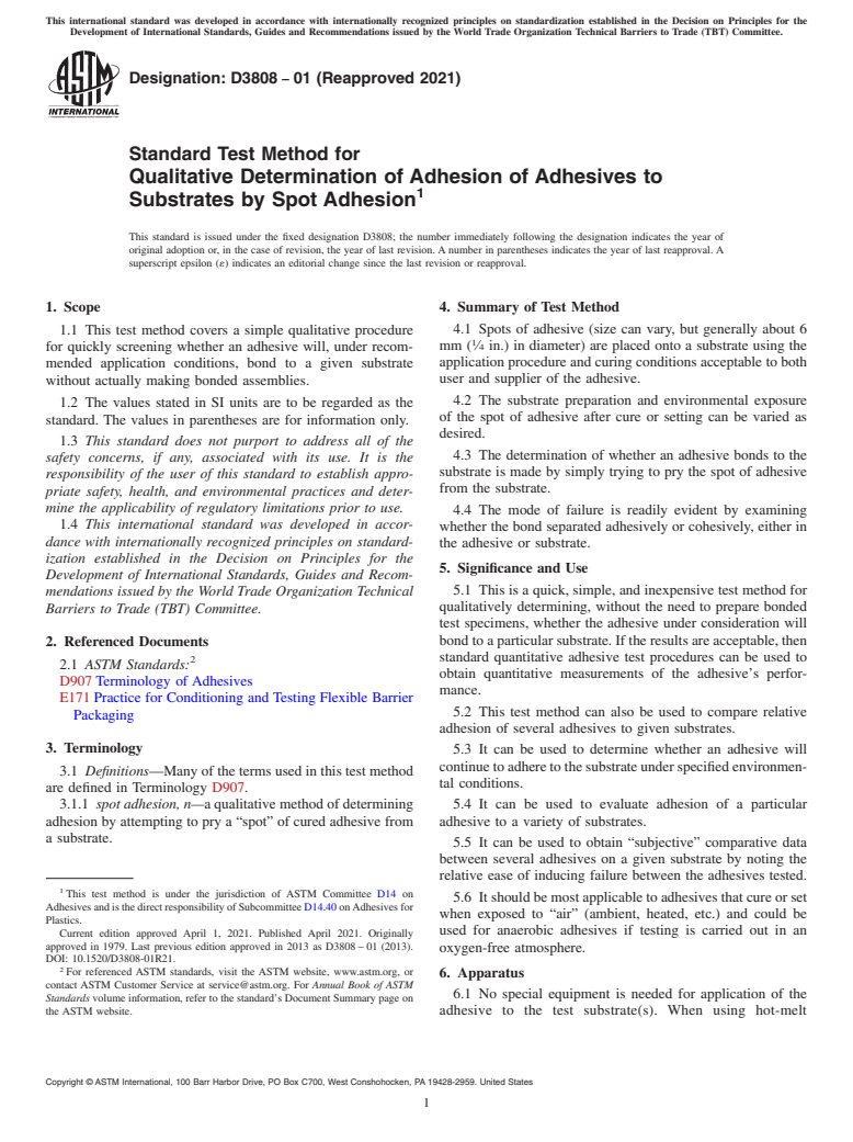 ASTM D3808-01(2021) - Standard Test Method for Qualitative Determination of Adhesion of Adhesives to Substrates  by   Spot Adhesion