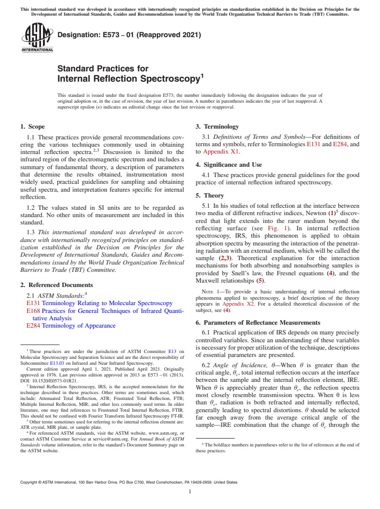 ASTM E573-01(2021) - Standard Practices for Internal Reflection Spectroscopy