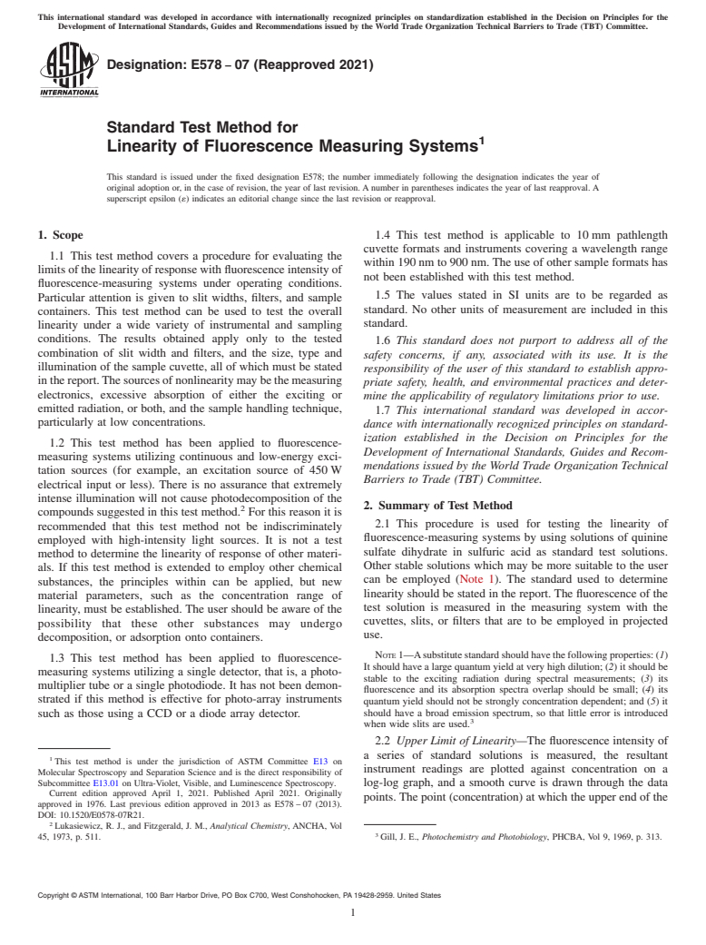 ASTM E578-07(2021) - Standard Test Method for Linearity of Fluorescence Measuring Systems