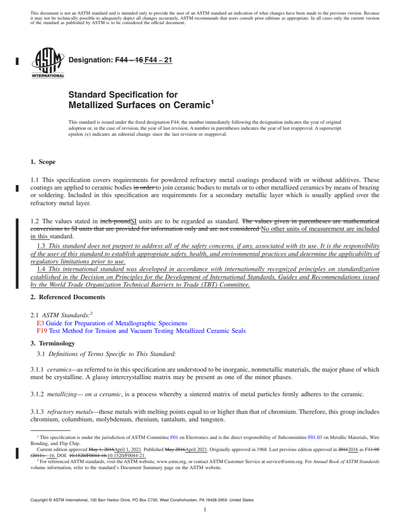 REDLINE ASTM F44-21 - Standard Specification for  Metallized Surfaces on Ceramic