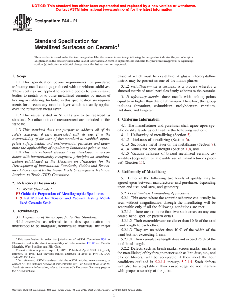 ASTM F44-21 - Standard Specification for  Metallized Surfaces on Ceramic (Withdrawn 2023)