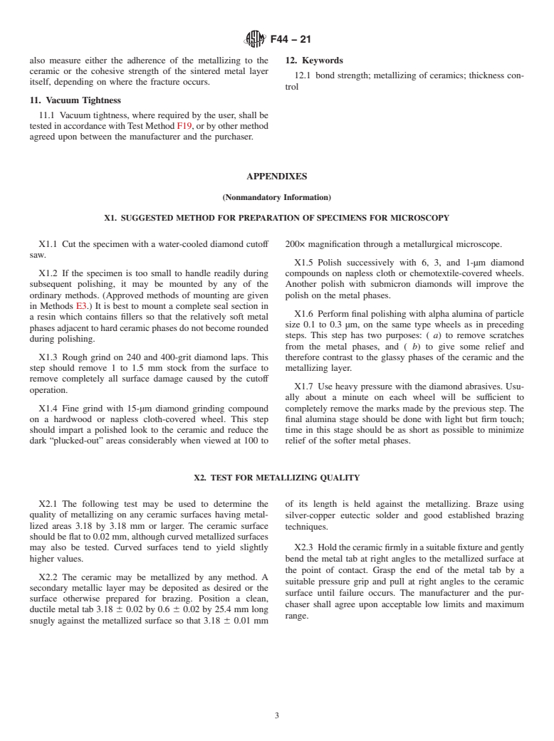 ASTM F44-21 - Standard Specification for  Metallized Surfaces on Ceramic (Withdrawn 2023)