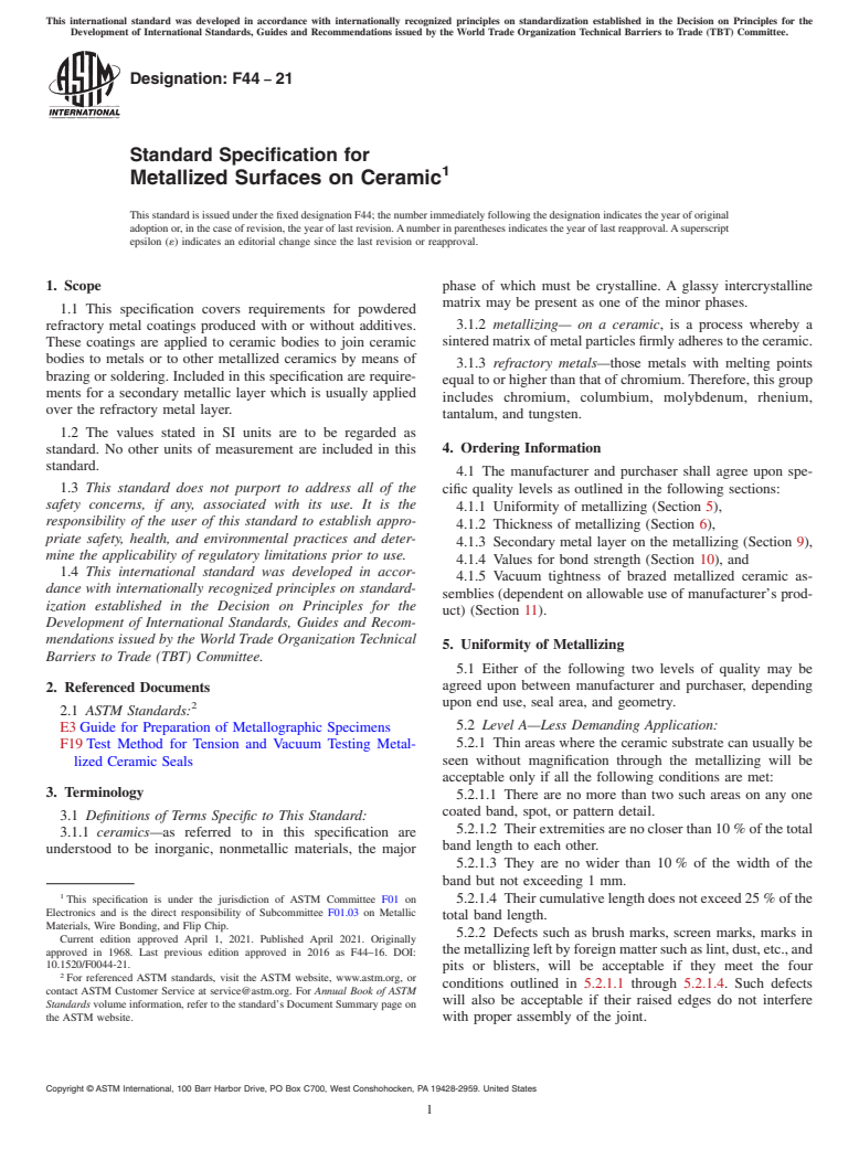 ASTM F44-21 - Standard Specification for  Metallized Surfaces on Ceramic