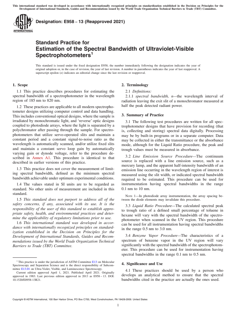 ASTM E958-13(2021) - Standard Practice for Estimation of the Spectral Bandwidth of Ultraviolet-Visible  Spectrophotometers