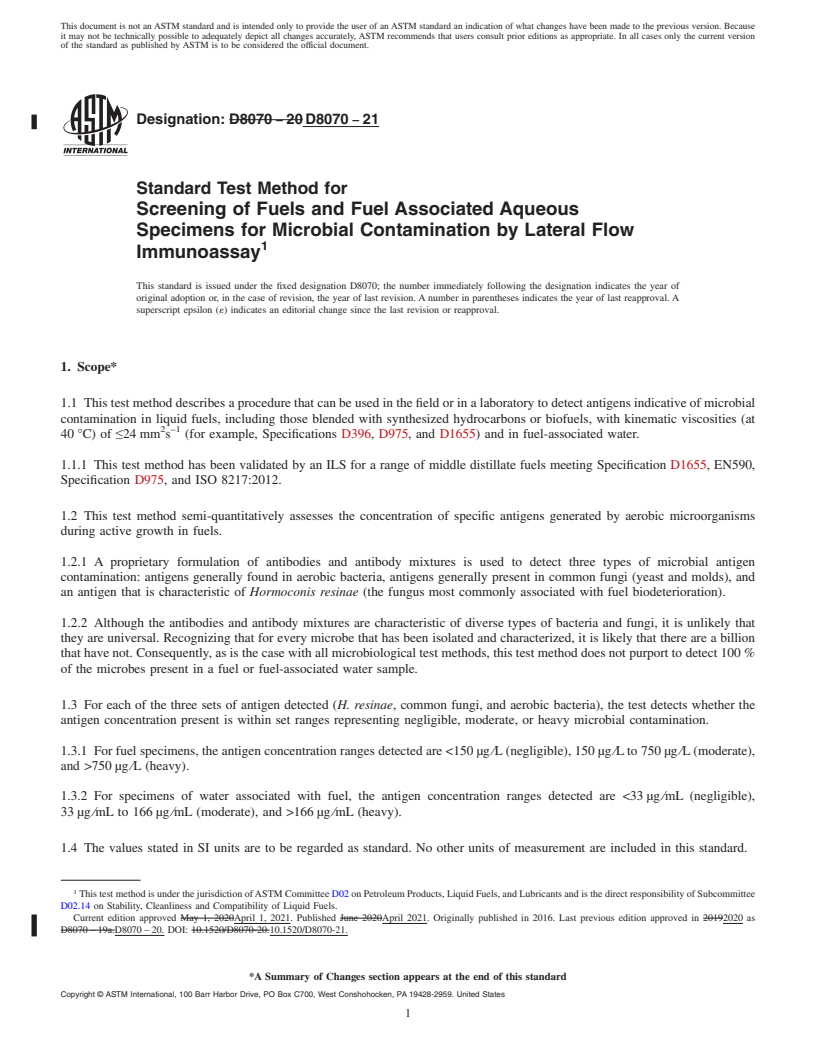 REDLINE ASTM D8070-21 - Standard Test Method for Screening of Fuels and Fuel Associated Aqueous Specimens for  Microbial Contamination by Lateral Flow Immunoassay