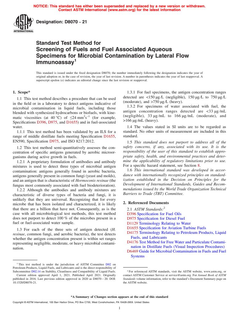 ASTM D8070-21 - Standard Test Method for Screening of Fuels and Fuel Associated Aqueous Specimens for  Microbial Contamination by Lateral Flow Immunoassay