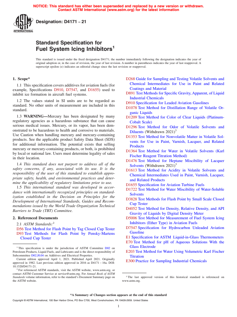 ASTM D4171-21 - Standard Specification for  Fuel System Icing Inhibitors