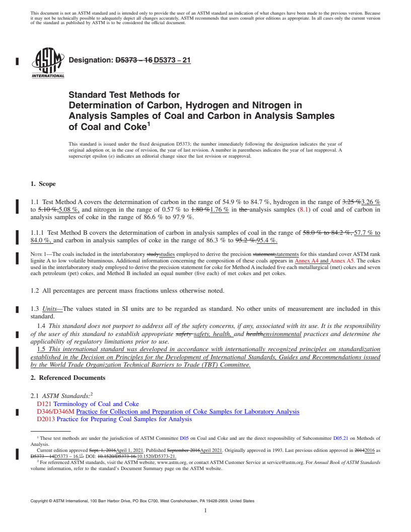 REDLINE ASTM D5373-21 - Standard Test Methods for  Determination of Carbon, Hydrogen and Nitrogen in Analysis  Samples of Coal and Carbon in Analysis Samples of Coal and Coke