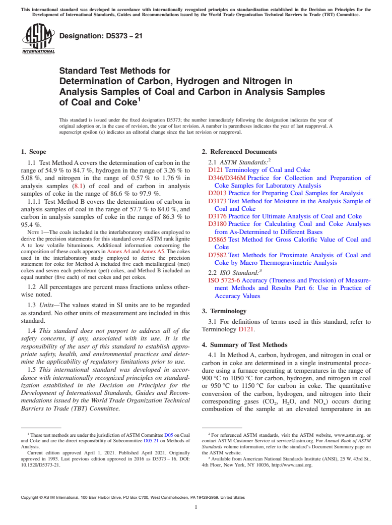ASTM D5373-21 - Standard Test Methods for  Determination of Carbon, Hydrogen and Nitrogen in Analysis  Samples of Coal and Carbon in Analysis Samples of Coal and Coke