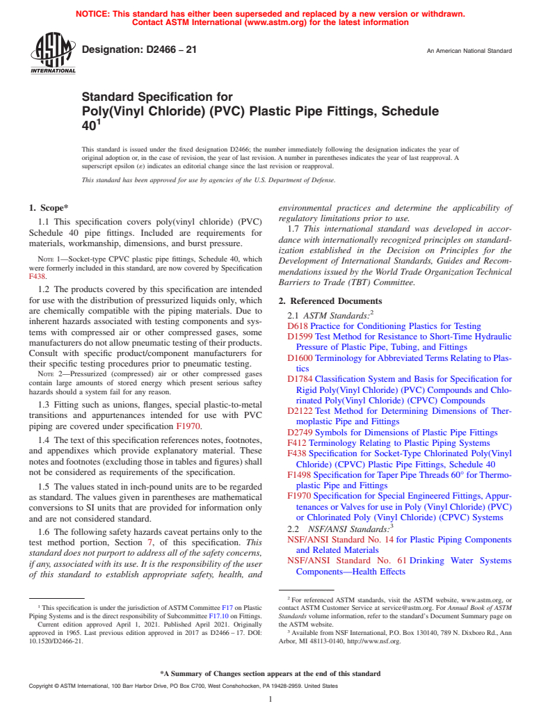 ASTM D2466-21 - Standard Specification for  Poly(Vinyl Chloride) (PVC) Plastic Pipe Fittings, Schedule  40