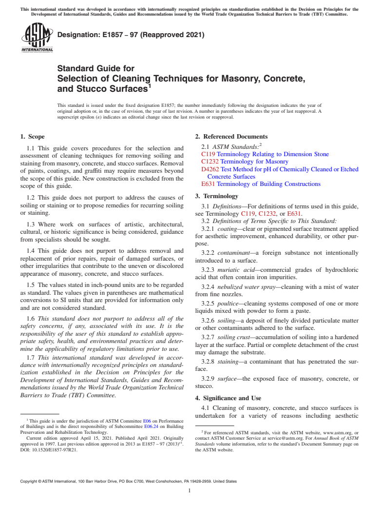 ASTM E1857-97(2021) - Standard Guide for Selection of Cleaning Techniques for Masonry, Concrete, and  Stucco Surfaces