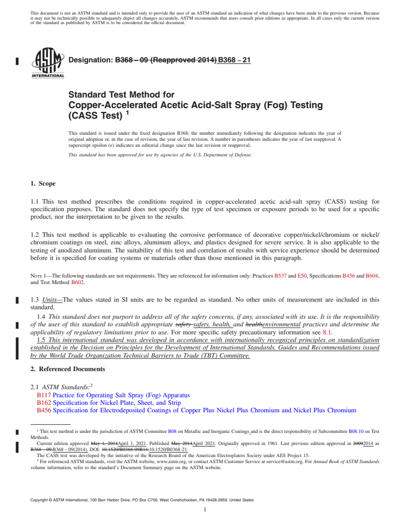 REDLINE ASTM B368-21 - Standard Test Method for  Copper-Accelerated Acetic Acid-Salt Spray (Fog) Testing (CASS  Test)