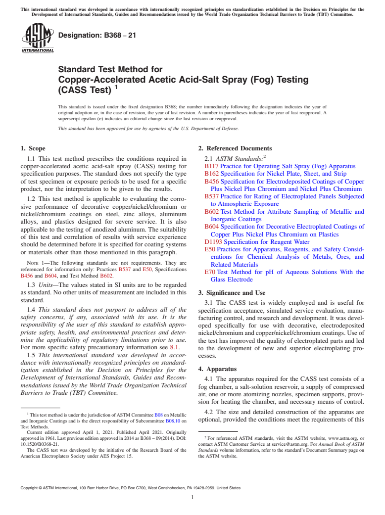 ASTM B368-21 - Standard Test Method for  Copper-Accelerated Acetic Acid-Salt Spray (Fog) Testing (CASS  Test)