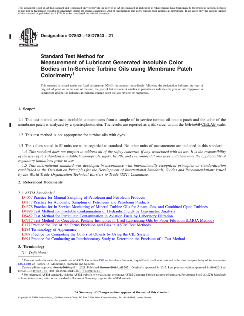 REDLINE ASTM D7843-21 - Standard Test Method for Measurement of Lubricant Generated Insoluble Color Bodies in  In-Service Turbine Oils using Membrane Patch Colorimetry