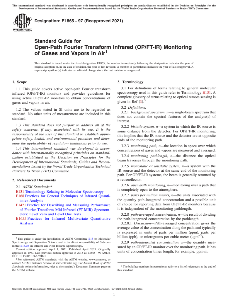 ASTM E1865-97(2021) - Standard Guide for Open-Path Fourier Transform Infrared (OP/FT-IR) Monitoring  of Gases and Vapors in Air