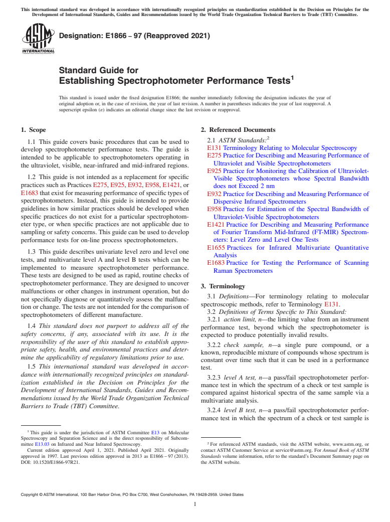 ASTM E1866-97(2021) - Standard Guide for Establishing Spectrophotometer Performance Tests