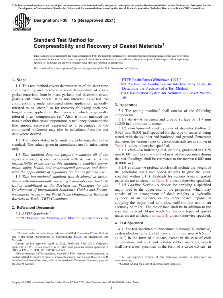 ASTM F36-15(2021) - Standard Test Method for Compressibility and Recovery of Gasket Materials