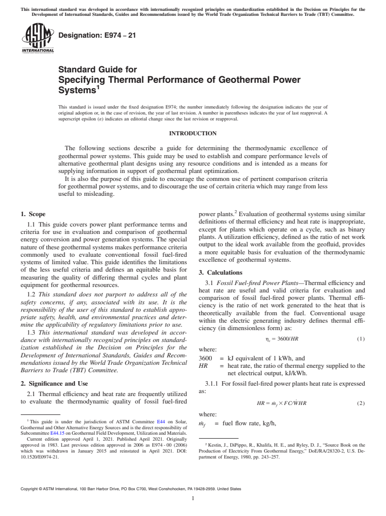 ASTM E974-21 - Standard Guide for  Specifying Thermal Performance of Geothermal Power Systems