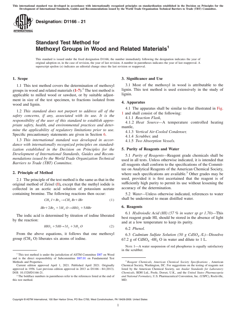 ASTM D1166-21 - Standard Test Method for  Methoxyl Groups in Wood and Related Materials