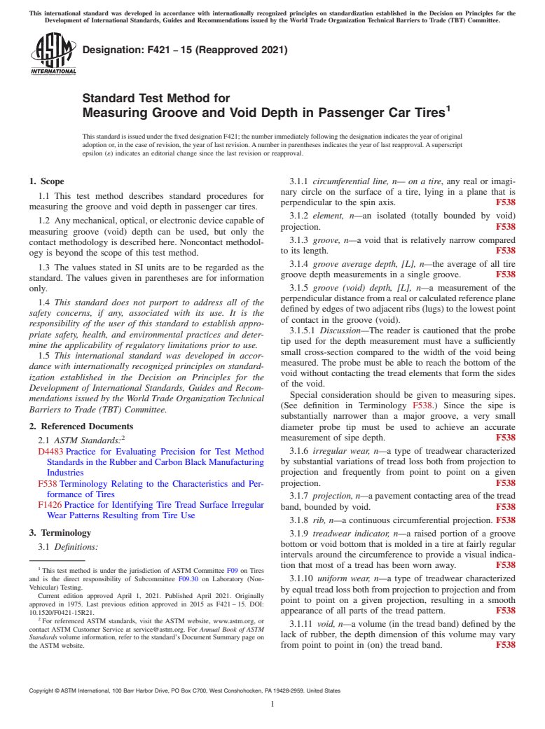 ASTM F421-15(2021) - Standard Test Method for Measuring Groove and Void Depth in Passenger Car Tires