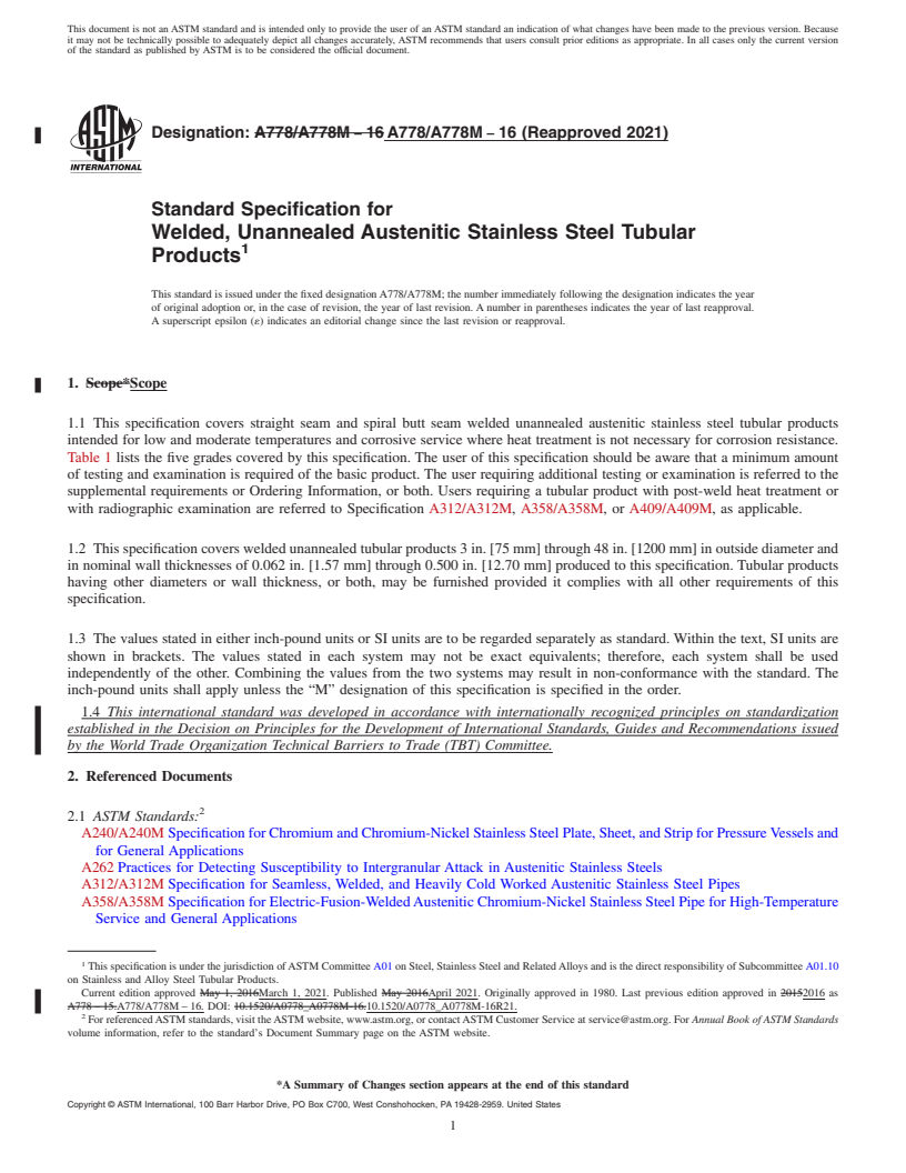 REDLINE ASTM A778/A778M-16(2021) - Standard Specification for  Welded, Unannealed Austenitic Stainless Steel Tubular Products