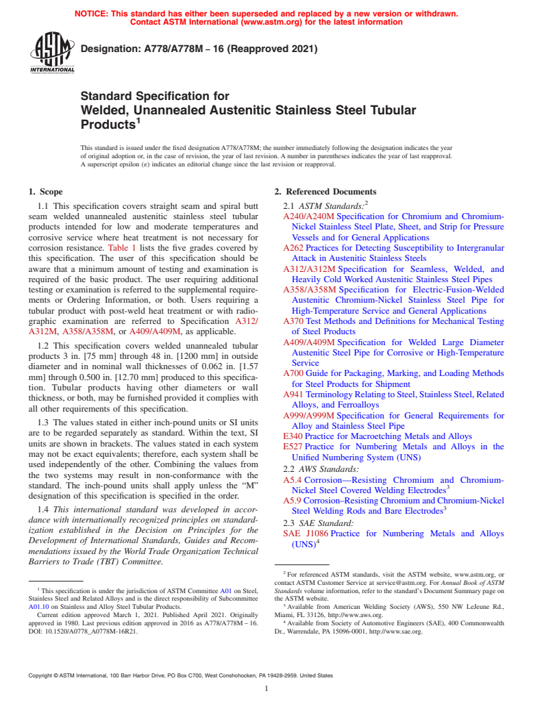 ASTM A778/A778M-16(2021) - Standard Specification for  Welded, Unannealed Austenitic Stainless Steel Tubular Products