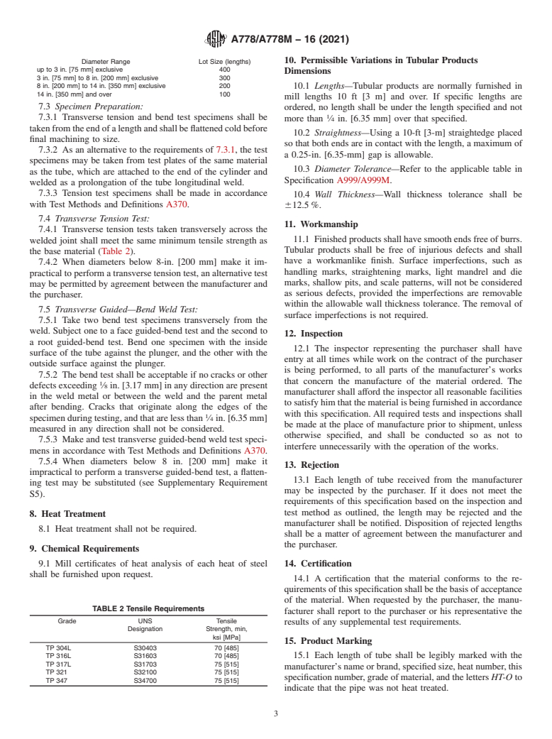 ASTM A778/A778M-16(2021) - Standard Specification for  Welded, Unannealed Austenitic Stainless Steel Tubular Products