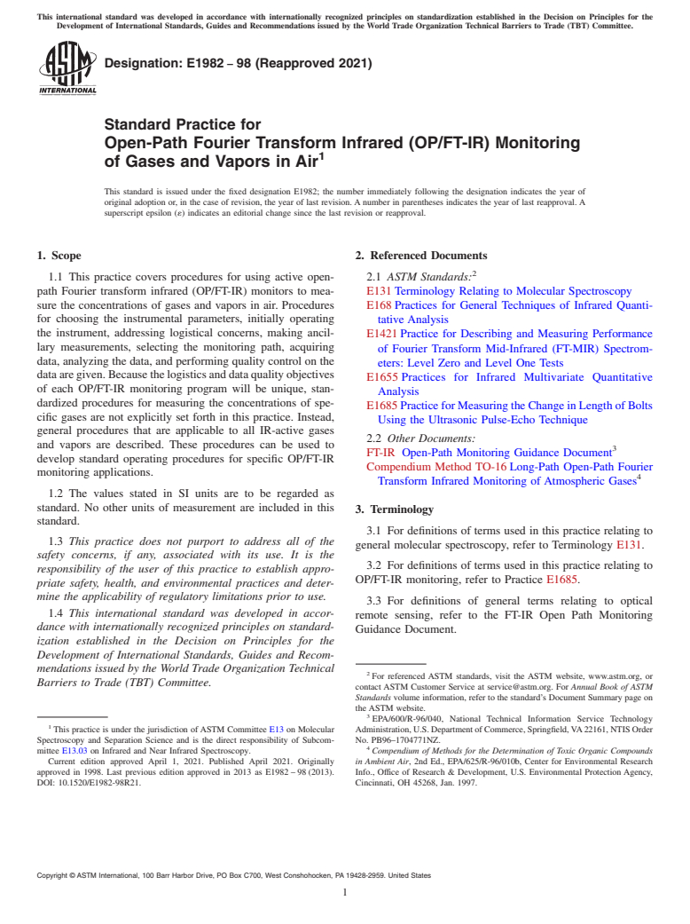 ASTM E1982-98(2021) - Standard Practice for Open-Path Fourier Transform Infrared (OP/FT-IR) Monitoring  of Gases and Vapors in Air