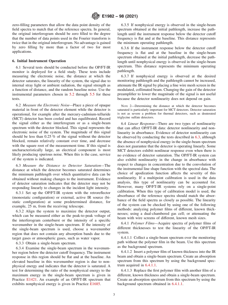 ASTM E1982-98(2021) - Standard Practice for Open-Path Fourier Transform Infrared (OP/FT-IR) Monitoring  of Gases and Vapors in Air