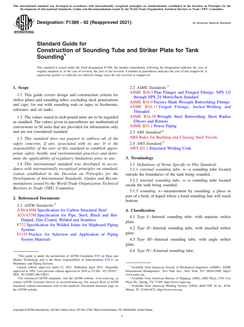 ASTM F1386-92(2021) - Standard Guide for  Construction of Sounding Tube and Striker Plate for Tank Sounding