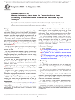 ASTM F2029-16(2021) ASTM F2029-16(2021) - Standard Practices for Making Laboratory Heat Seals for Determination of Heat Sealability of Flexible Barrier Materials as Measured by Seal Strength - Page 1 preview