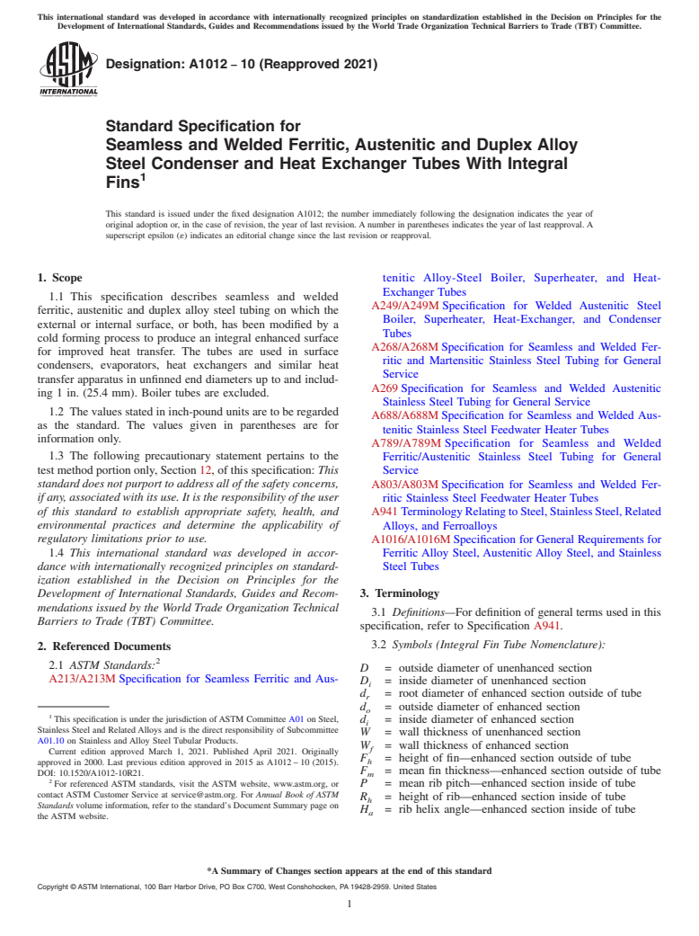 ASTM A1012-10(2021) - Standard Specification for  Seamless and Welded Ferritic, Austenitic and Duplex Alloy Steel   Condenser and Heat Exchanger Tubes With Integral Fins