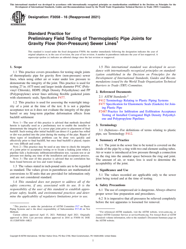 ASTM F3058-16(2021) - Standard Practice for Preliminary Field Testing of Thermoplastic Pipe Joints for  Gravity Flow (Non-Pressure)  Sewer Lines