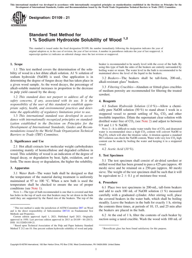 ASTM D1109-21 - Standard Test Method for  1 % Sodium Hydroxide Solubility of Wood