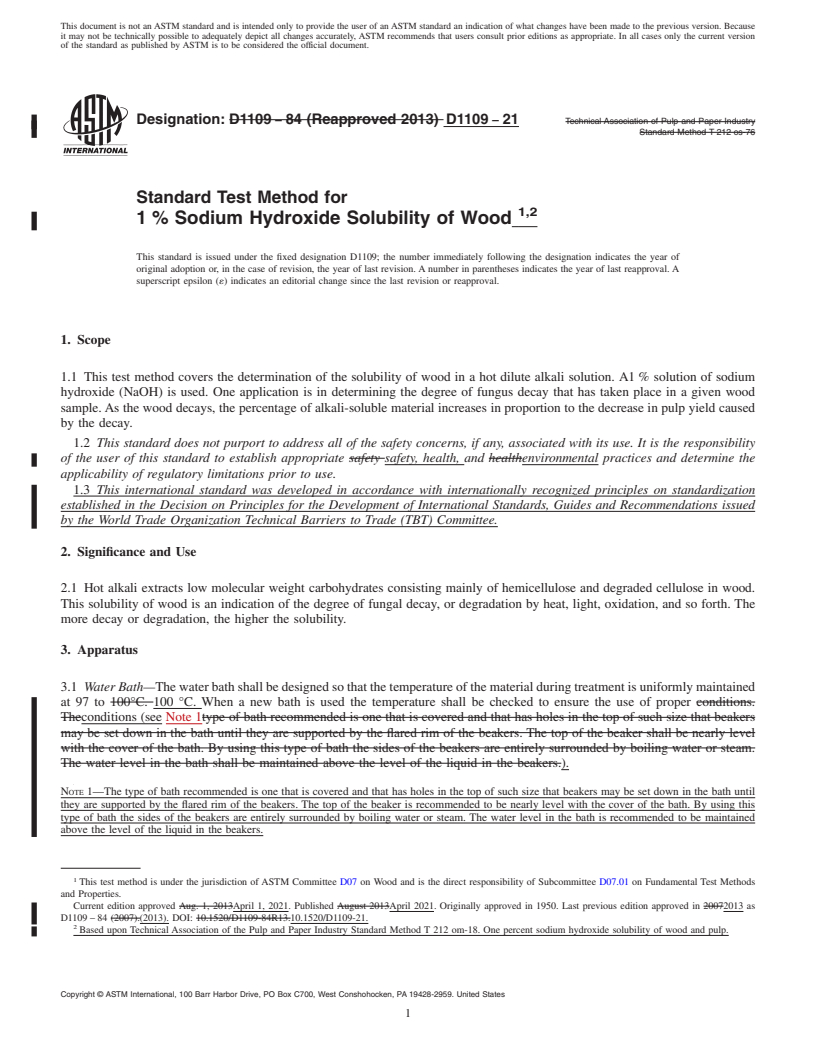 REDLINE ASTM D1109-21 - Standard Test Method for  1 % Sodium Hydroxide Solubility of Wood