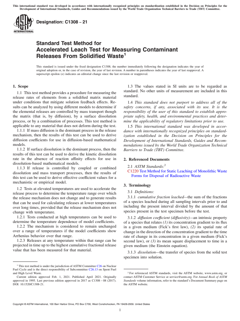 ASTM C1308-21 - Standard Test Method for  Accelerated Leach Test for Measuring Contaminant Releases From  Solidified Waste