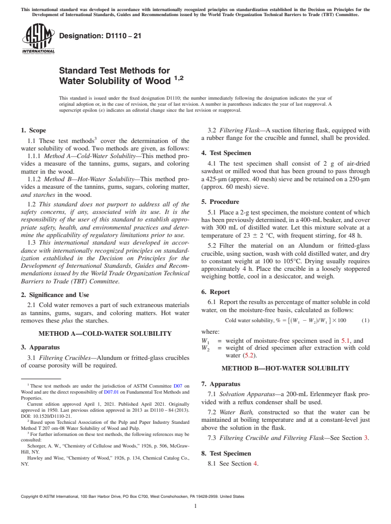 ASTM D1110-21 - Standard Test Methods for  Water Solubility of Wood