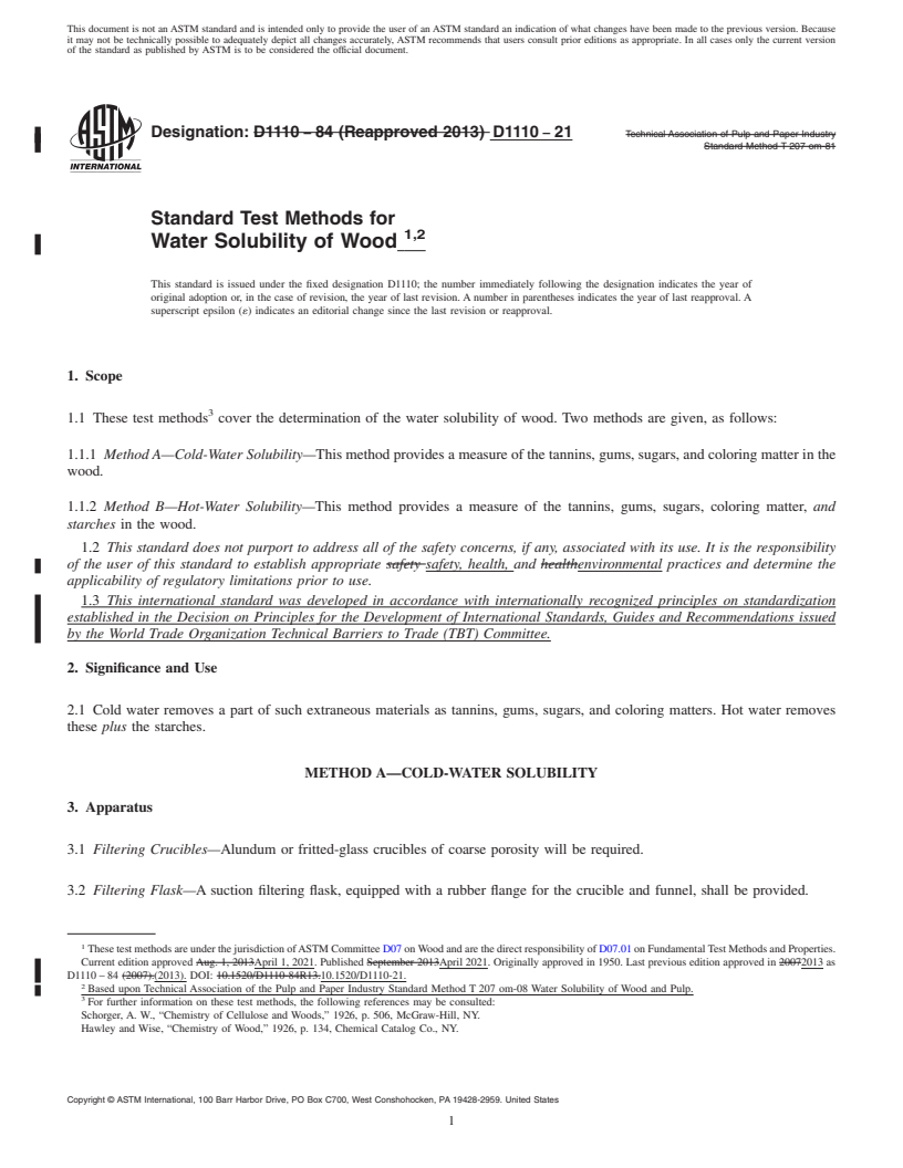 REDLINE ASTM D1110-21 - Standard Test Methods for  Water Solubility of Wood