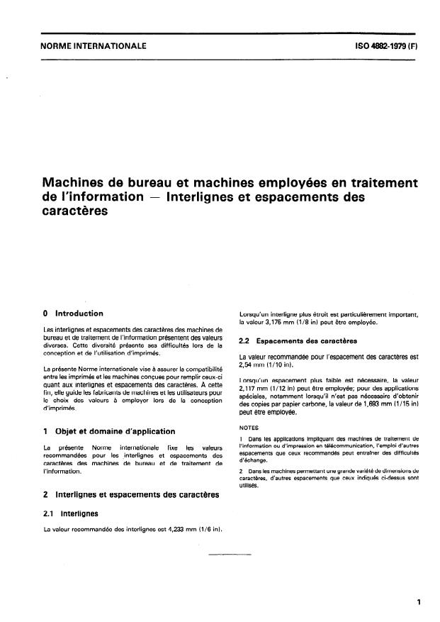 ISO 4882:1979 - Machines de bureau et machines employées en traitement de l'information -- Interlignes et espacements des caracteres