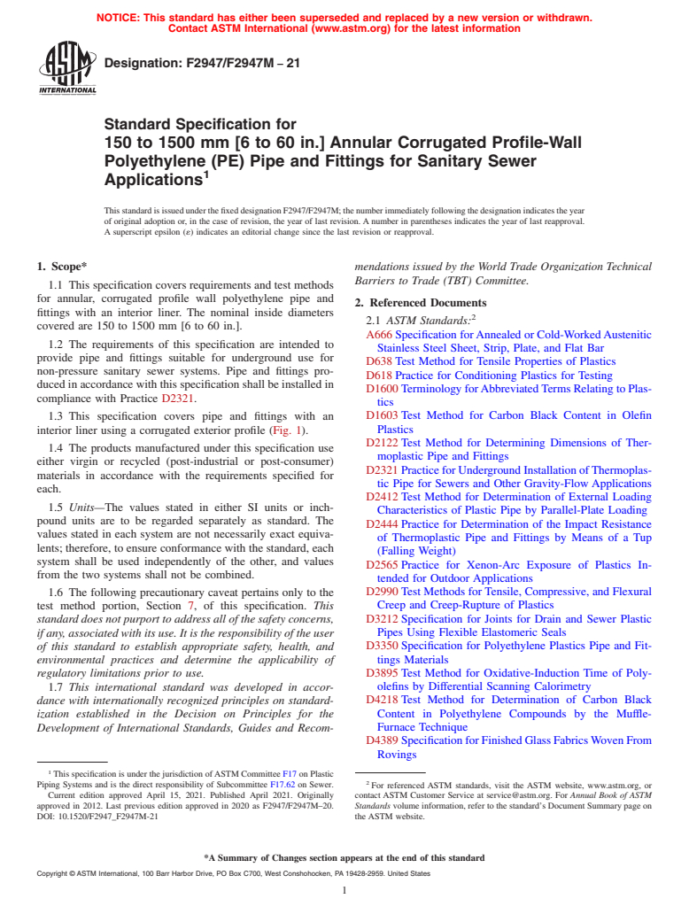 ASTM F2947/F2947M-21 - Standard Specification for 150 to 1500 mm [6 to 60 in.] Annular Corrugated Profile-Wall  Polyethylene (PE) Pipe and Fittings for Sanitary Sewer Applications