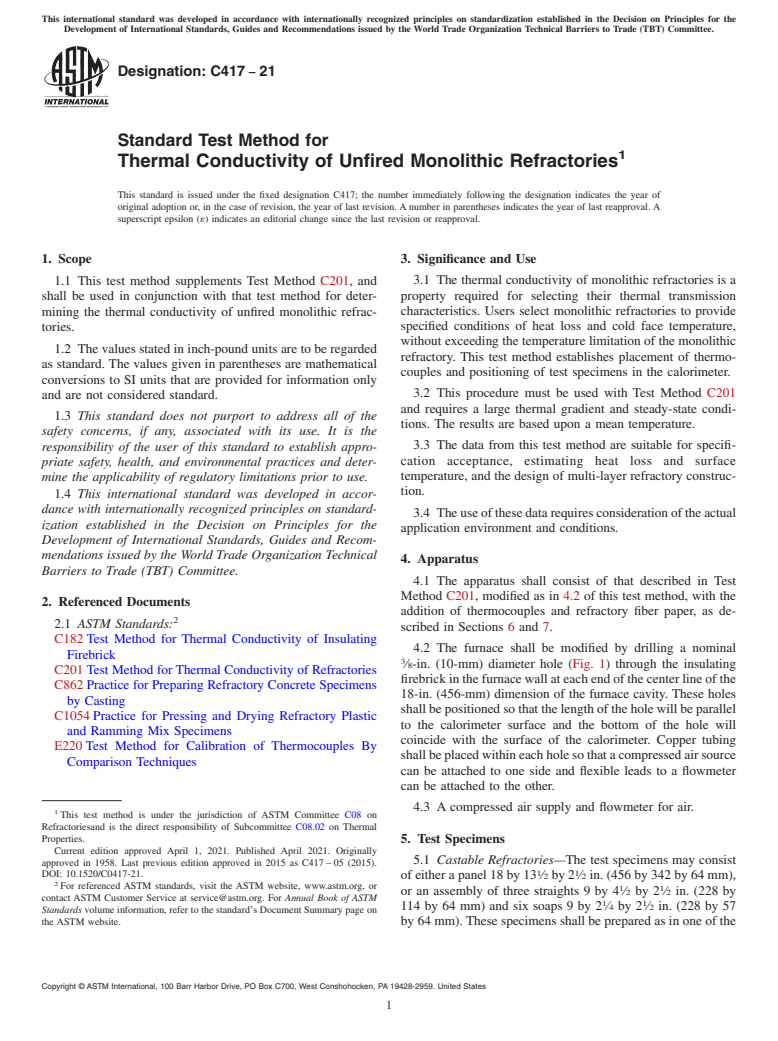 ASTM C417-21 - Standard Test Method for Thermal Conductivity of Unfired Monolithic Refractories