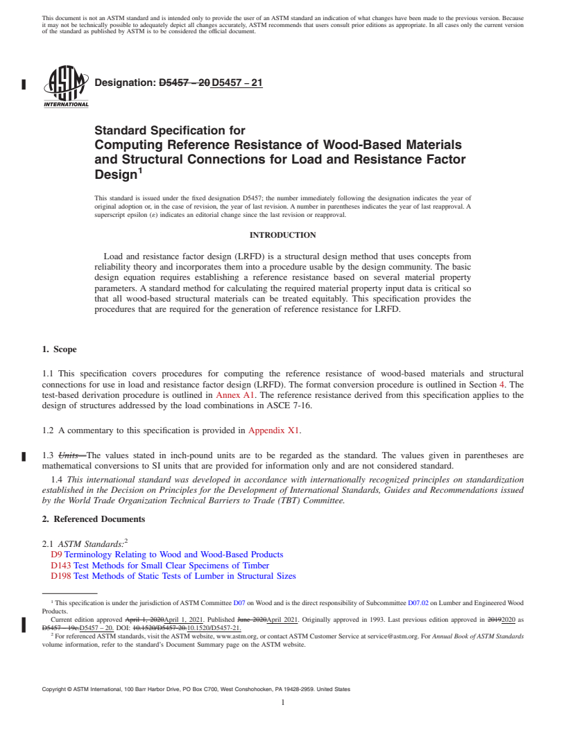 REDLINE ASTM D5457-21 - Standard Specification for Computing Reference Resistance of Wood-Based Materials and  Structural Connections for Load and Resistance Factor Design