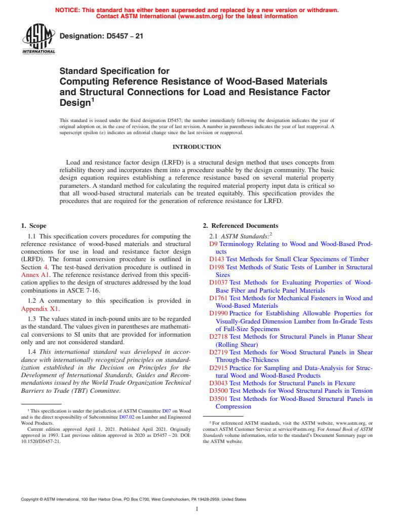 ASTM D5457-21 - Standard Specification for Computing Reference Resistance of Wood-Based Materials and  Structural Connections for Load and Resistance Factor Design