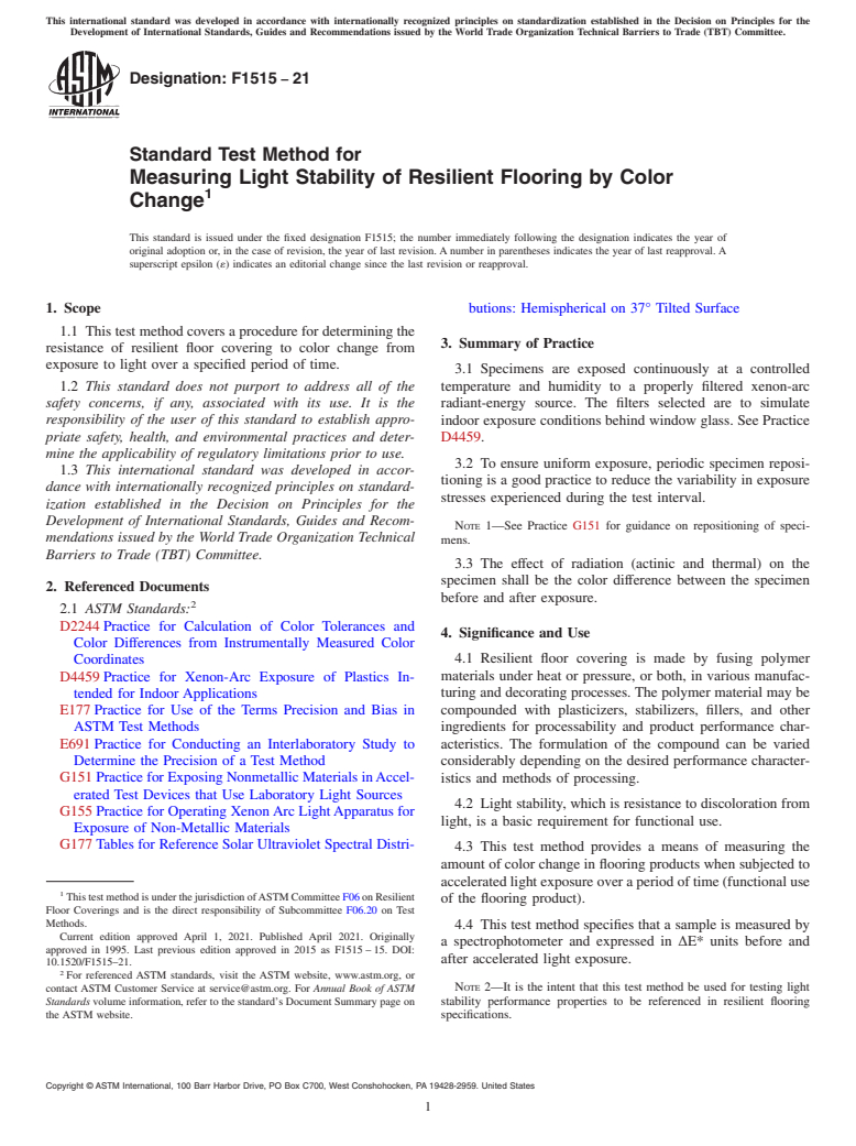 ASTM F1515-21 - Standard Test Method for  Measuring Light Stability of Resilient Flooring by Color Change