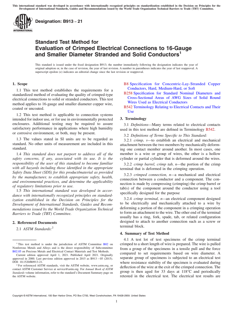 ASTM B913-21 - Standard Test Method for Evaluation of Crimped Electrical Connections to 16-Gauge and  Smaller   Diameter Stranded and Solid Conductors